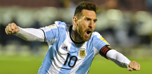 Messi comemora um de seus gols contra o Equador e garante a Argentina na Copa da Rússia. Crédito da foto: Juan Ruiz/AFP.