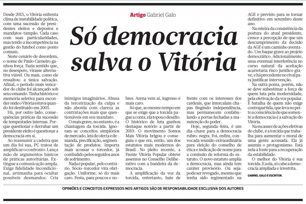 democracia, Vitória, futebol, Papo de Galo, Correio