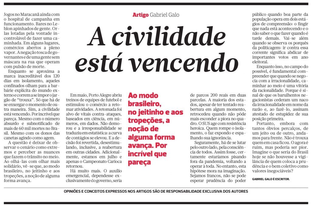 civilidade, Correio, Gabriel Galo, Papo de Galo, Correio da Bahia, coluna, jornal, Bahia, pandemia