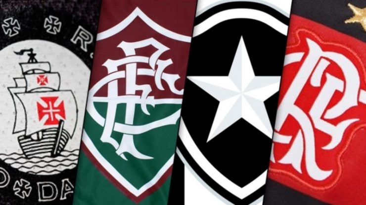 Imagem mostra partes dos distintivos dos 4 grandes clubes do futebol carioca, Vasco da Gama, Fluminente, Botafogo e Flamengo.
